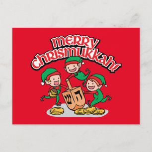 Cartão Postal De Festividades Cartão de saudação Chrismukkah com elfos e sonh
