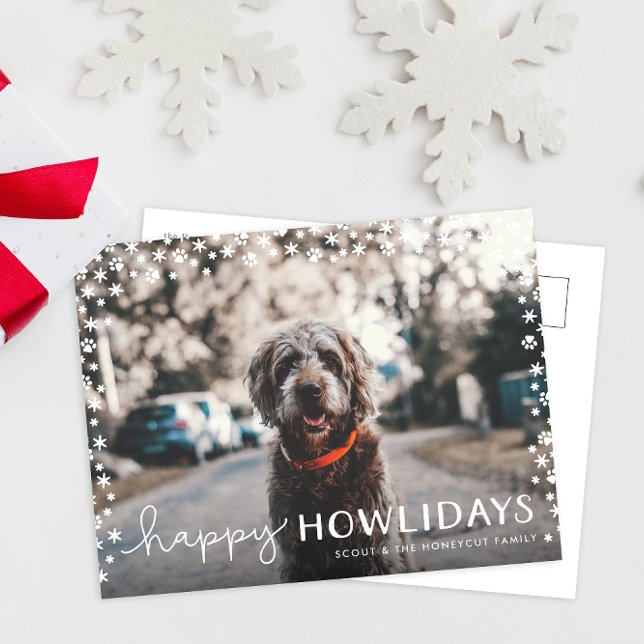 Cartão Postal De Festividades Cartão-postal de Feriado de Pet Lover Feliz (paw print snowflakes happy howlidays funny cute pet dog Christmas card postcard)