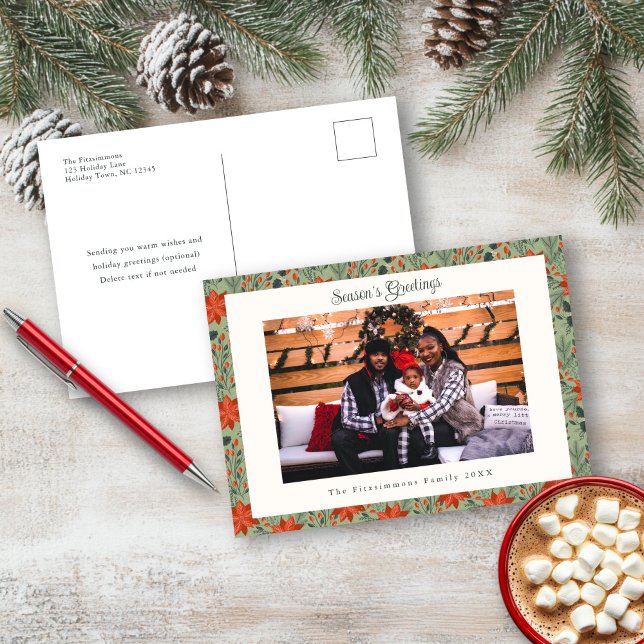 Cartão Postal De Festividades Cartão-postal de Feriado de Poinsettia Moderno (Poinsettia Season Photo Christmas Postcard sage green)