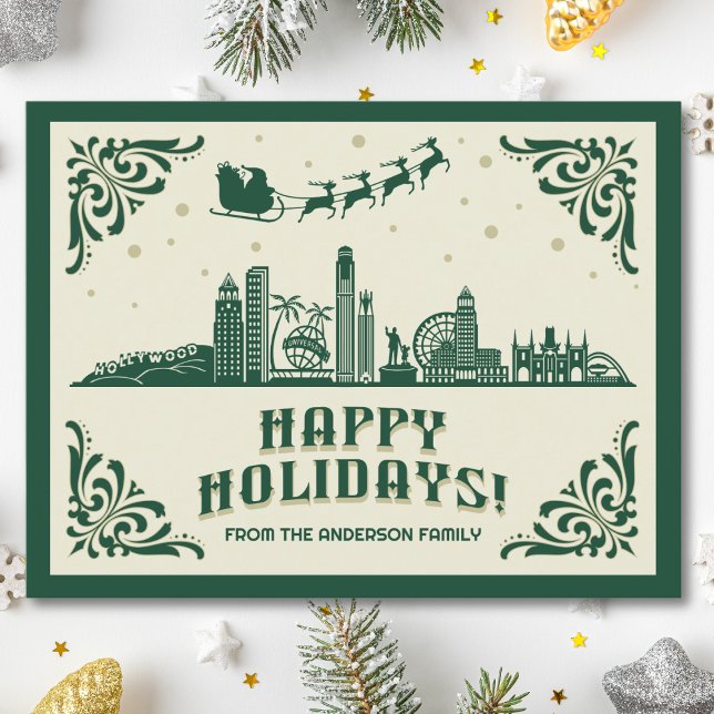 Cartão Postal De Festividades Cartão-postal de feriados felizes no CA Skyline ("happy holidays" Los Angeles, CA skyline holiday christmas postcard modern design Santa green)