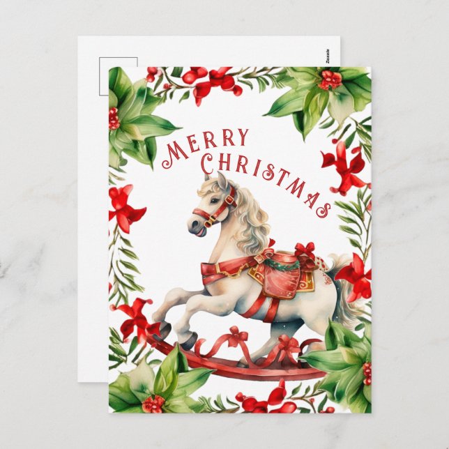 Cartão Postal De Festividades Cartão-postal de Natal com Cavalo Vermelho Branco (Frente/Verso)