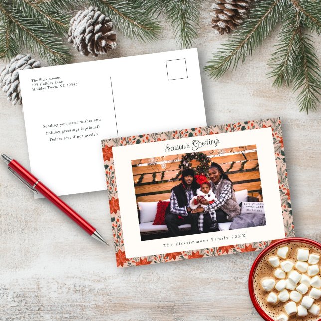 Cartão Postal De Festividades Cartão-postal de Natal de Poinsettia Rosa Esmagada (Poinsettia Season Photo Christmas Postcard blush pink)