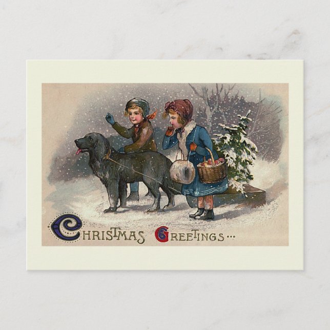 Cartão Postal De Festividades Cartão-postal de Natal "Dog Pulvering Sled" (Frente)