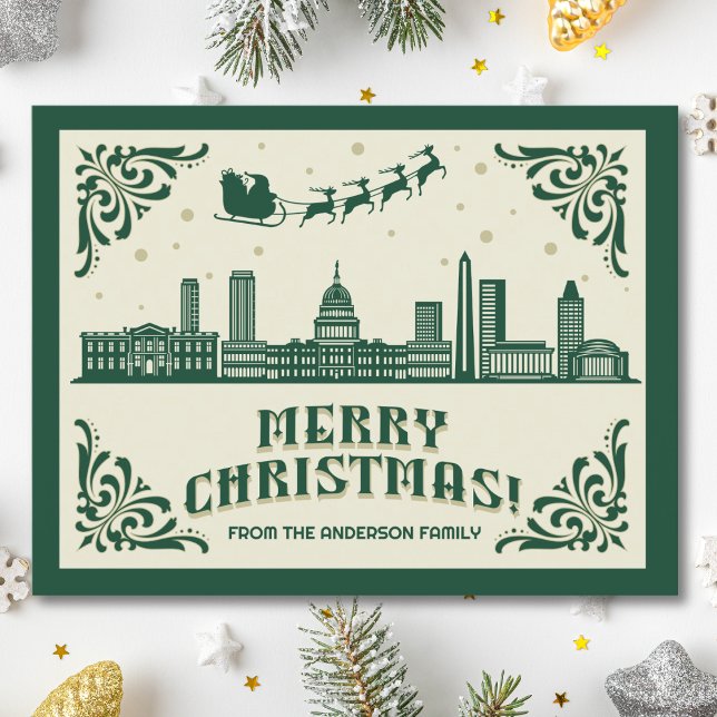 Cartão Postal De Festividades Cartão-postal de Natal em Washington DC Skyline (Washington, DC skyline christmas card green modern merry christmas postcard with custom details)