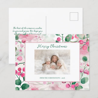 Cartão Postal De Festividades Cartão-postal de Natal Floral de Berries Rosa