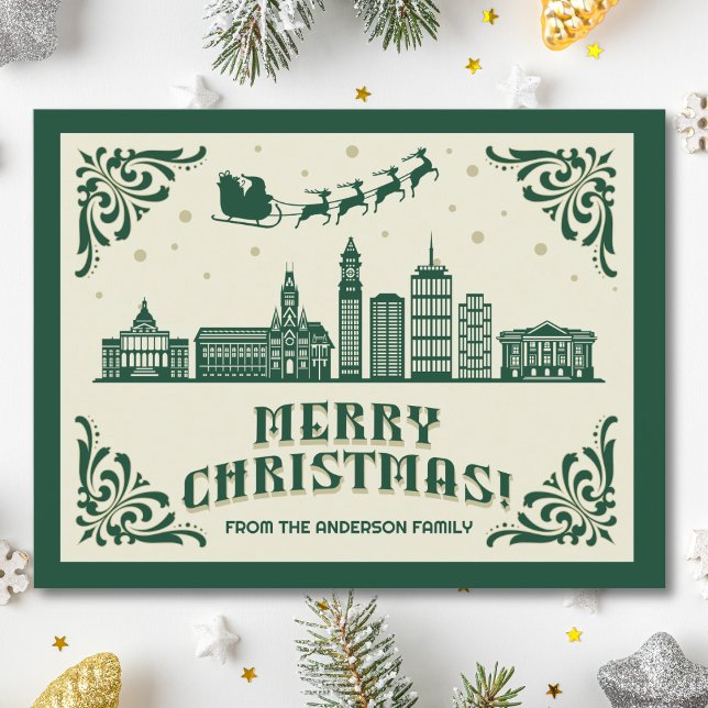 Cartão Postal De Festividades Cartão-postal de Natal no Skyline MÃE (Boston, MA skyline christmas card green modern merry christmas postcard with custom details)