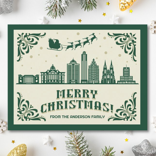 Cartão Postal De Festividades Cartão-postal de Natal no Skyline TX (Houston, TX skyline christmas card green modern merry christmas postcard with custom details)