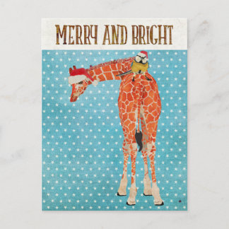 Cartão Postal De Festividades Cartão-postal de Natal para Girafa e Pássaros Dour