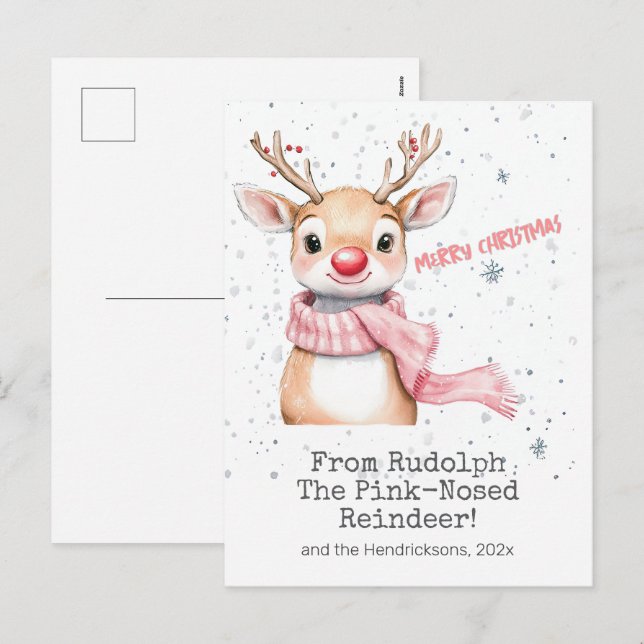 Cartão Postal De Festividades Cartão-postal de Natal Rosa Rudolph Reindeer (Frente/Verso)