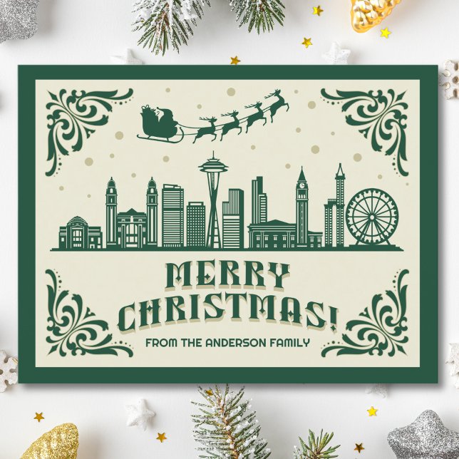 Cartão Postal De Festividades Cartão-postal de Natal Verde para Seattle Skyline (Seattle, WA skyline christmas card green modern merry christmas postcard with custom details)