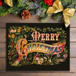 Cartão Postal De Festividades Cartão-postal de saudação de Natais vintages ornam<br><div class="desc">Richly embelezou a saudação de Natal com o texto do ornamentado em uma faixa decorada com flores e folhas sagradas e cortadas,  e um cardeal sobre fundo de azeitona escura.</div>