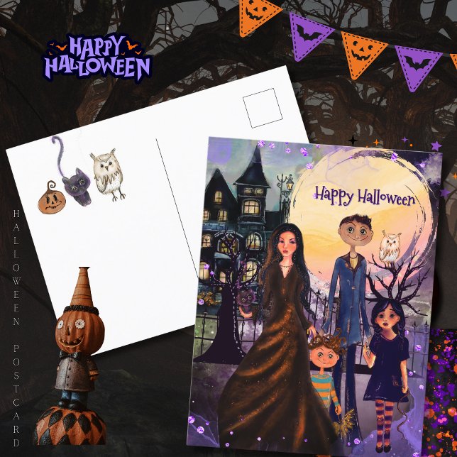 Cartão Postal De Festividades Cartão-postal do Dia das Bruxas da Família de Casa (Gothic Haunted House Family Halloween Postcard)