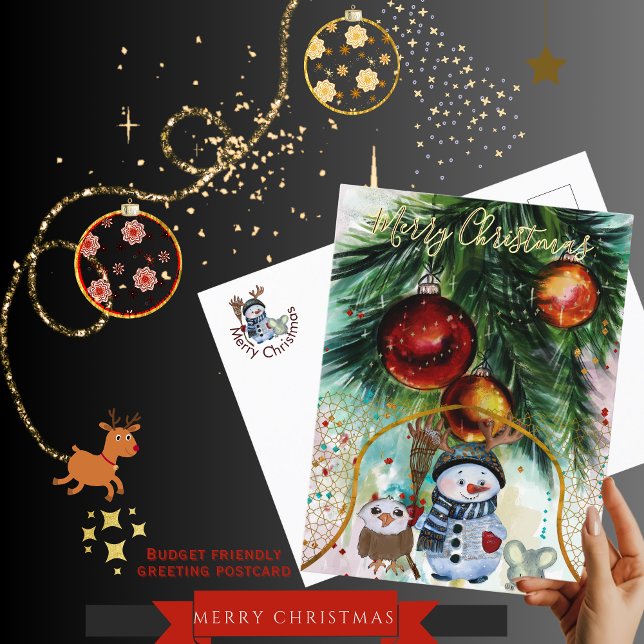 Cartão Postal De Festividades Cartão-postal do orçamento Whimsical Snowman & For (Whimsical Snowman & Forest Friends Budget Postcard)