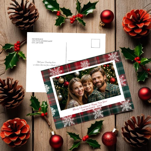 Cartão Postal De Festividades Cartão-postal Elegante Red & Green Snowflakes (Elegant Red & Green Snowflakes Holiday postcard)