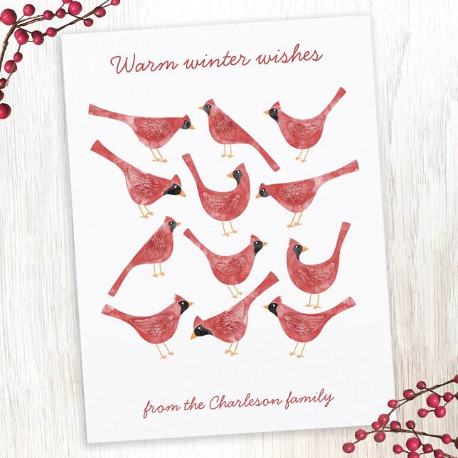 Cartão Postal De Festividades Cartão-postal Festivo Cardinho de Aves Aquáticas (Fun red and white watercolor Cardinal bird personalized Christmas Holiday card)