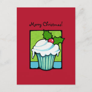 Cartão Postal De Festividades Cartão-postal vermelho Cupcake Holly de Natal