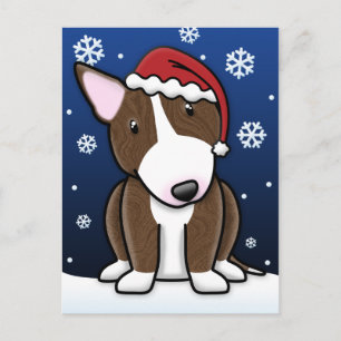Cartão Postal De Festividades Cartão rajado do Natal de Kawaii bull terrier