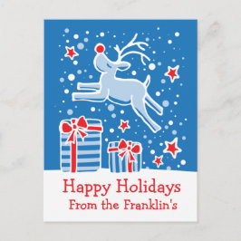 Cartão Postal De Festividades Cartaz branco-vermelho-azul-rena-natalina