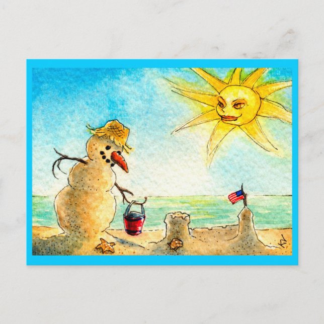 Cartão Postal De Festividades Cartaz de Férias de Praia do Funny Snowman (Frente)
