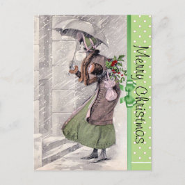 Cartão Postal De Festividades Cartaz de Natal feliz com a dama da Vintage na nev