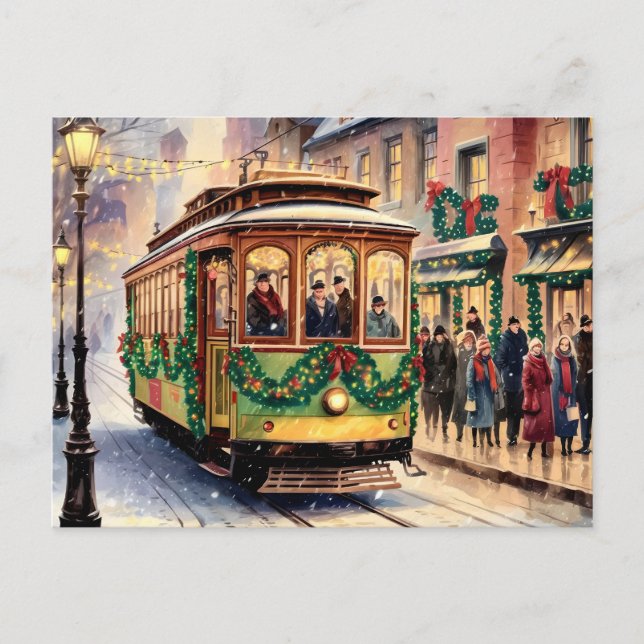 Cartão Postal De Festividades Cartaz de Trolley Ride em uma Estrada Snowy (Frente)