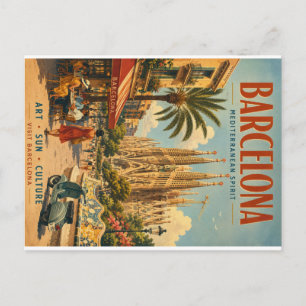 Cartão Postal De Festividades Cartaz de Viagem Vintage Barcelona com Mediterrâne