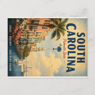 Cartão Postal De Festividades Cartaz de Viagem Vintage da Carolina do Sul com Co