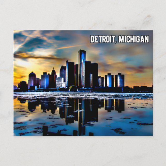 Cartão Postal De Festividades Cartaz Detroit centro Michigan à noite (Frente)