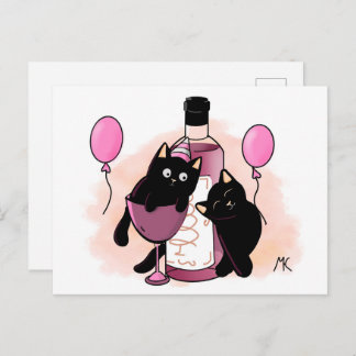 Cartão Postal De Festividades Cartoon black Cats party with Balloons and Wine
