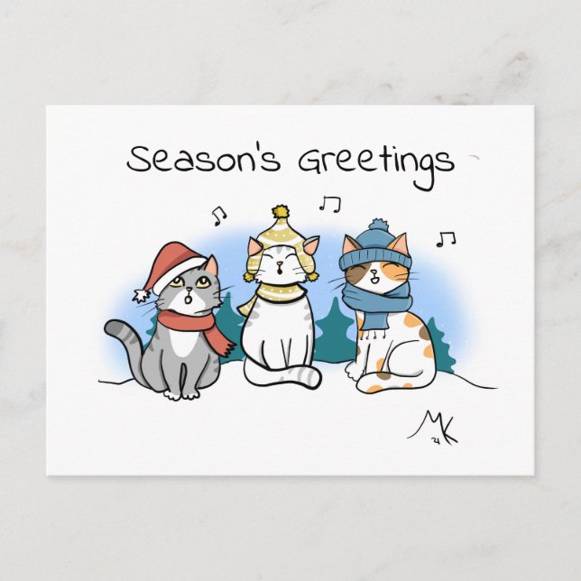 Cartão Postal De Festividades Cartoon Cats Natal Caroling Seasons Saudações (Frente)