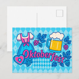 Cartão Postal De Festividades Cartoon Colorido de Oktoberfest com Cerveja e Cora