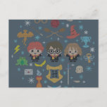 Cartão Postal De Festividades Cartoon Harry Potter Cross-Stitch Collage<br><div class="desc">Check out this adorable cross-stitch graphic featuring little cartoon versions of Ron Weasley, Harry Potter, Hermione Granger, and various magical artifacts from the story: Harry Potter's glasses and lightning bolt icon, Golden Snitch, Sorting Hat, broomsticks, Fawkes the phoenix, magic wands, Triwizard Cup, frogs, Hogwarts Crest and Letter, Goblet of Fire,...</div>