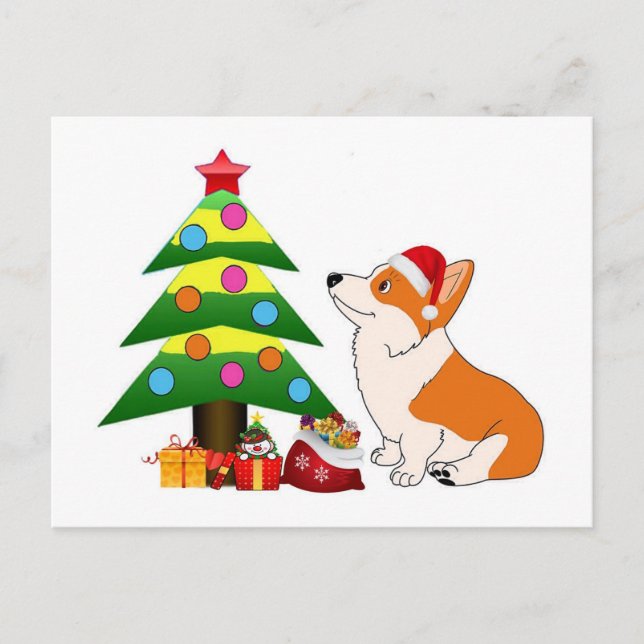 Cartão Postal De Festividades Cartoon Holiday Corgi com árvore (Frente)
