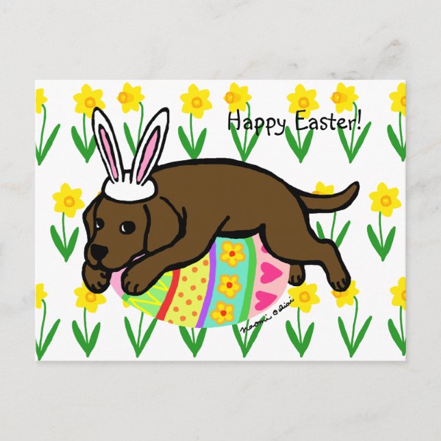Cartão Postal De Festividades Cartoon Labrador de Chocolate para Ovos de Páscoa (Frente)
