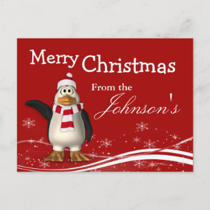 Cartão Postal De Festividades Cartoon Santa Claus Penguin Saudação de Natal