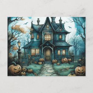 Cartão Postal De Festividades Casa Assombrada de Lua Cheia Pumpkins Halloween