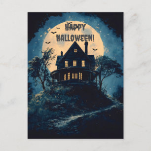 Cartão Postal De Festividades Casa assustadora em uma colina, conceito de Hallow