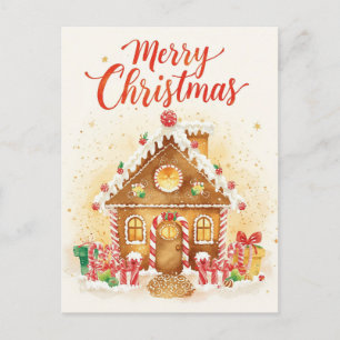 Cartão Postal De Festividades Casa de Biscoito de Gengibre em Aquarela Caprichos