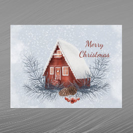 Cartão Postal De Festividades Casa de Natal Aguarela Pinheiro Bagas Neve