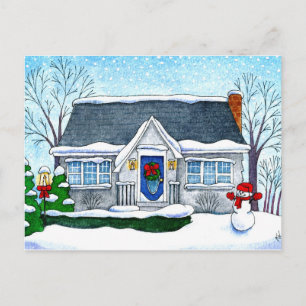Cartão Postal De Festividades Casa de Natal bonita, boneco de neve, cartão posta