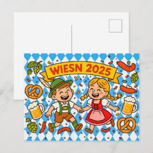 Cartão Postal De Festividades Casal alegre do Oktoberfest com pretzels e cerveja