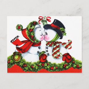 Cartão Postal De Festividades Casal de Bonecos de Neve se Beijando