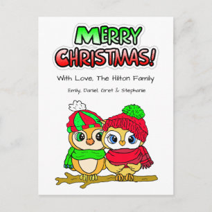 Cartão Postal De Festividades Casal de Coruja Festiva no Branch Christmas