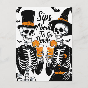 Cartão Postal De Festividades Casal de Esqueletos Halloween