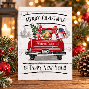Cartão Postal De Festividades Casal de Gnomos em Caminhão Vermelho Antigo Patrió
