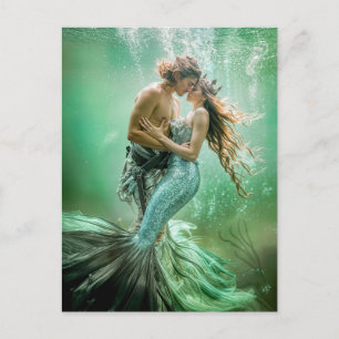 Cartão Postal De Festividades Casal de Sereia e Tritão em Abraço Subaquático