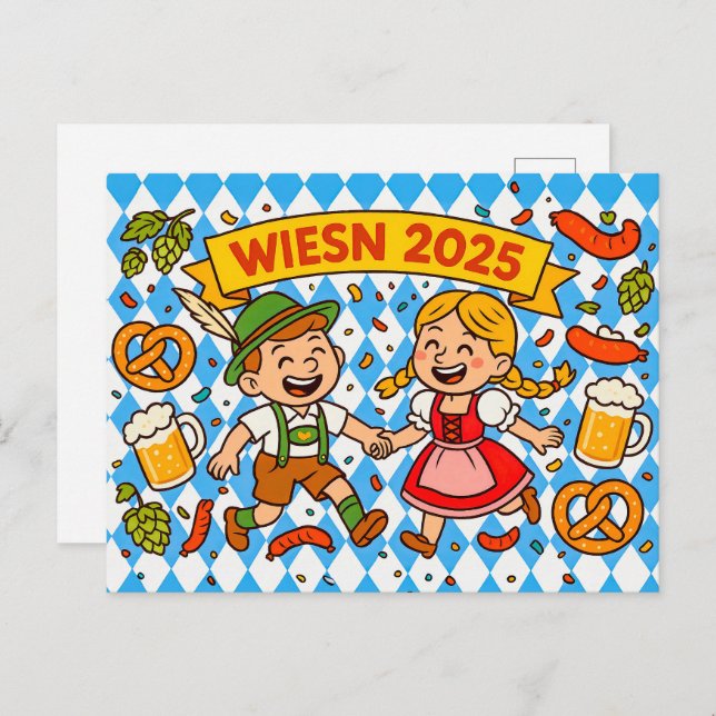 Cartão Postal De Festividades Casal feliz da Oktoberfest com Pretzels e Cerveja (Frente/Verso)