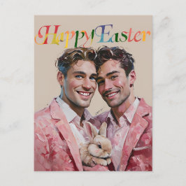Cartão Postal De Festividades Casal gay em naipes cor-de-rosa com cartão de Pásc