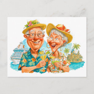 Cartão Postal De Festividades Casal idoso aproveitando cocktails de praia tropic