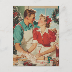 Cartão Postal De Festividades Casal Retro de Natal Assando Amor